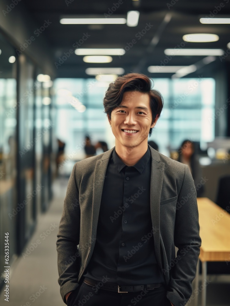 Confident handsome and successful asian man smiling and looking determined. Generative AI Confident handsome and successful asian man smiling and looking determined. Generative AI