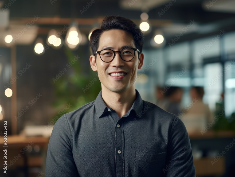 Confident handsome and successful asian man smiling and looking determined. Generative AI Confident handsome and successful asian man smiling and looking determined. Generative AI