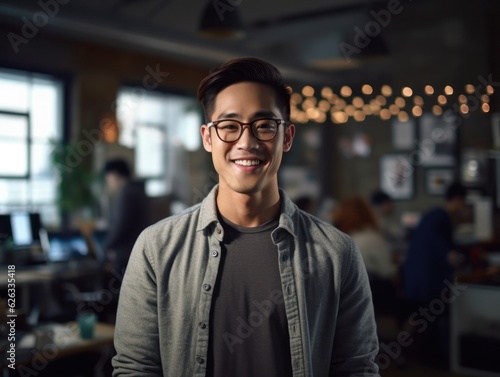 Confident handsome and successful asian man smiling and looking determined. Generative AI