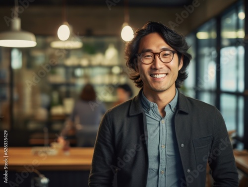 Confident handsome and successful asian man smiling and looking determined. Generative AI © Viktor