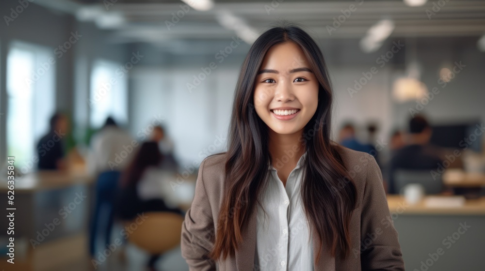 Portrait of happy asian woman smiling standing in modern office space. Generative AI Portrait of happy asian woman smiling standing in modern office space. Generative AI