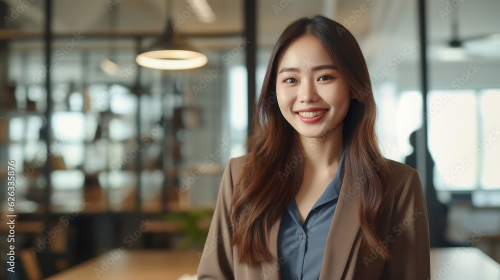 Portrait of happy asian woman smiling standing in modern office space. Generative AI Portrait of happy asian woman smiling standing in modern office space. Generative AI