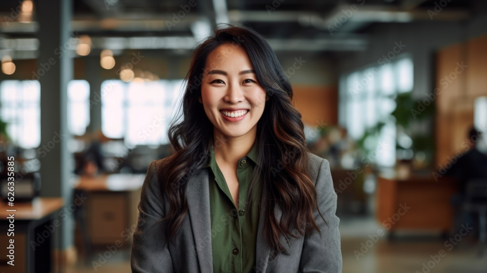 Portrait of happy asian woman smiling standing in modern office space. Generative AI Portrait of happy asian woman smiling standing in modern office space. Generative AI