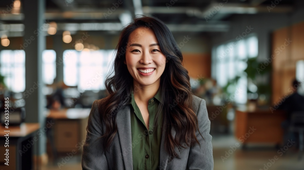 Portrait of happy asian woman smiling standing in modern office space. Generative AI