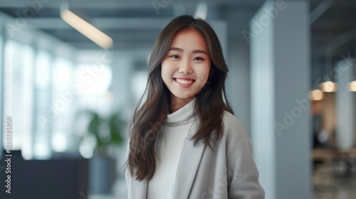 Portrait of happy asian woman smiling standing in modern office space. Generative AI © Viktor