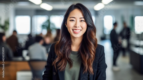 Portrait of happy asian woman smiling standing in modern office space. Generative AI