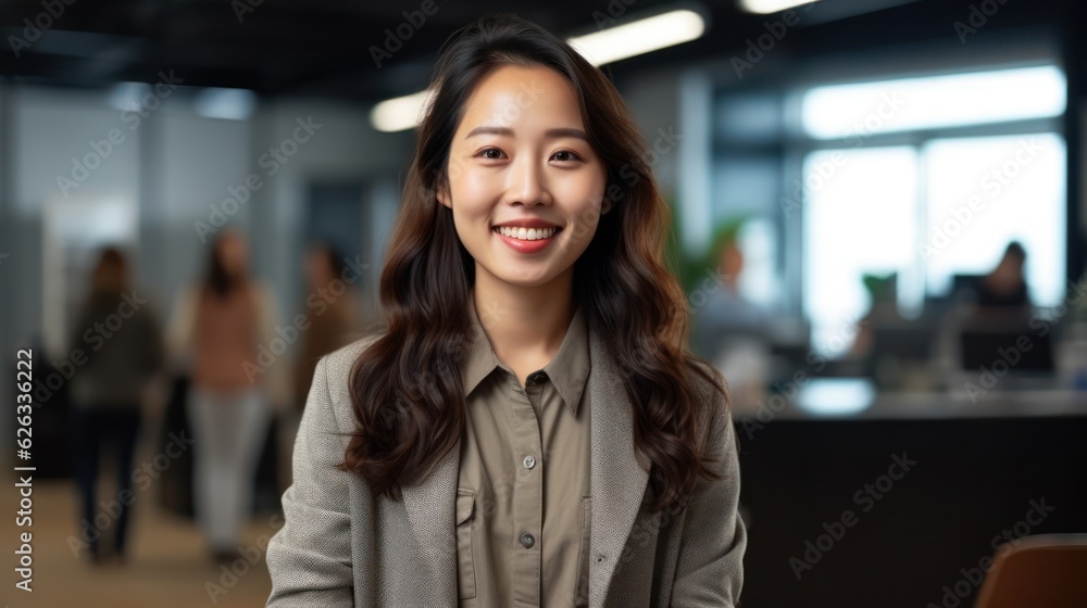 Portrait of happy asian woman smiling standing in modern office space Portrait of happy asian woman smiling standing in modern office space