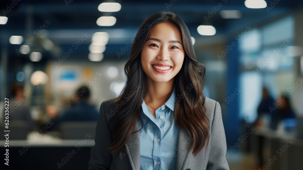 Portrait of happy woman smiling standing in modern office space