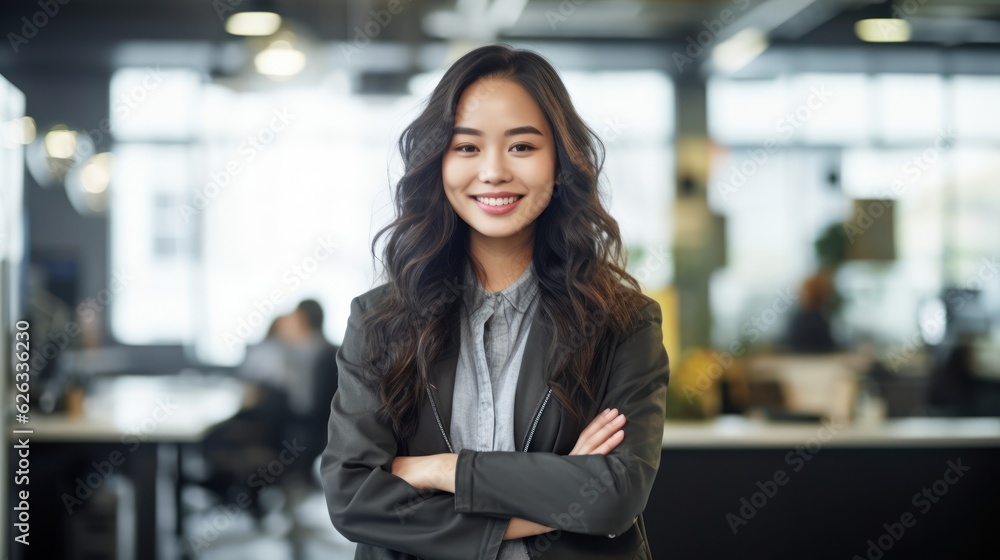 Portrait of happy woman smiling standing in modern office space Portrait of happy woman smiling standing in modern office space