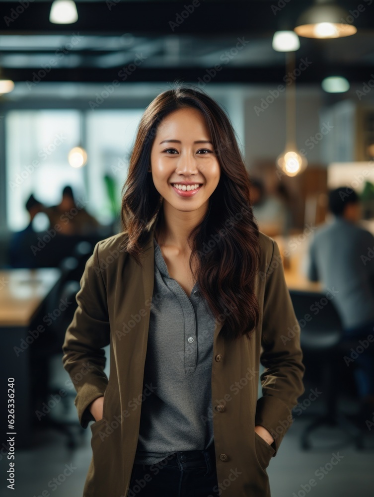 Portrait of happy asian woman smiling standing in modern office space. Portrait of happy asian woman smiling standing in modern office space.