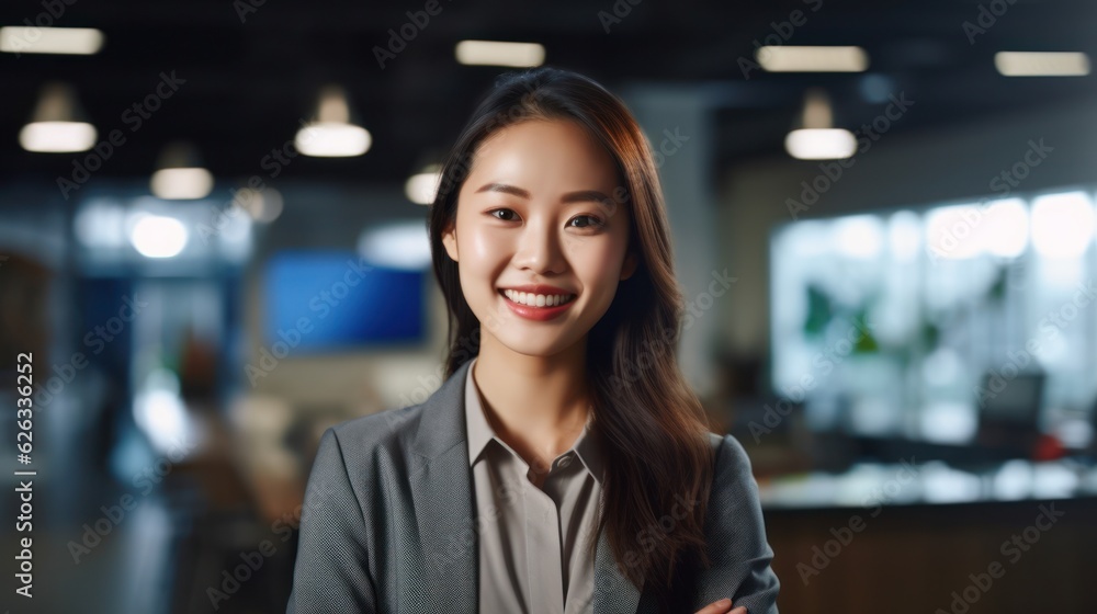 Portrait of happy asian woman smiling standing in modern office space. Portrait of happy asian woman smiling standing in modern office space.