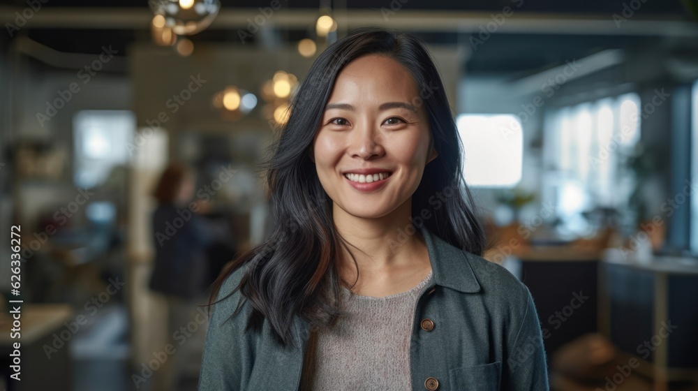 Portrait of happy asian woman smiling standing in modern office space. Portrait of happy asian woman smiling standing in modern office space.