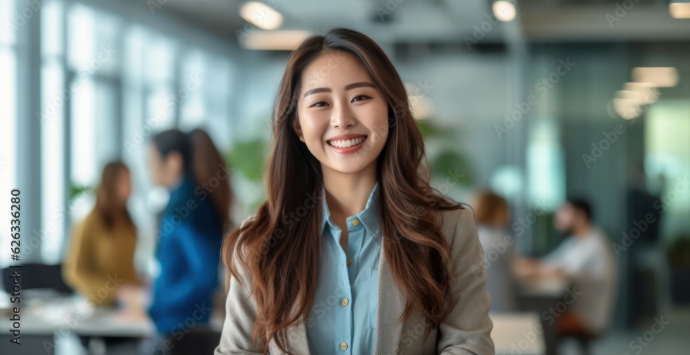 Portrait of happy asian woman smiling standing in modern office space. Portrait of happy asian woman smiling standing in modern office space.