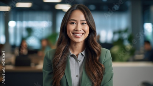 Portrait of happy asian woman smiling standing in modern office space. 