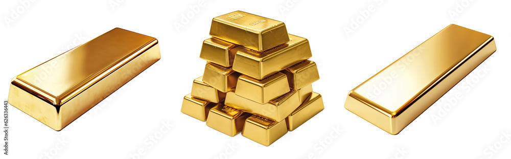 Set of gold bars , piles of gold lingots isolated on transparent background