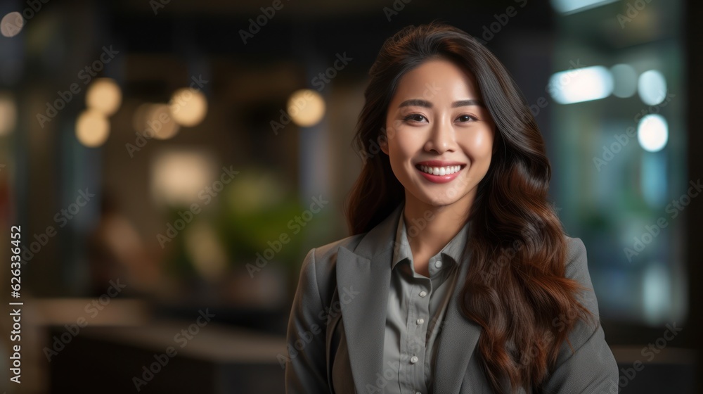 Portrait of happy asian woman smiling standing in modern office space. Portrait of happy asian woman smiling standing in modern office space.