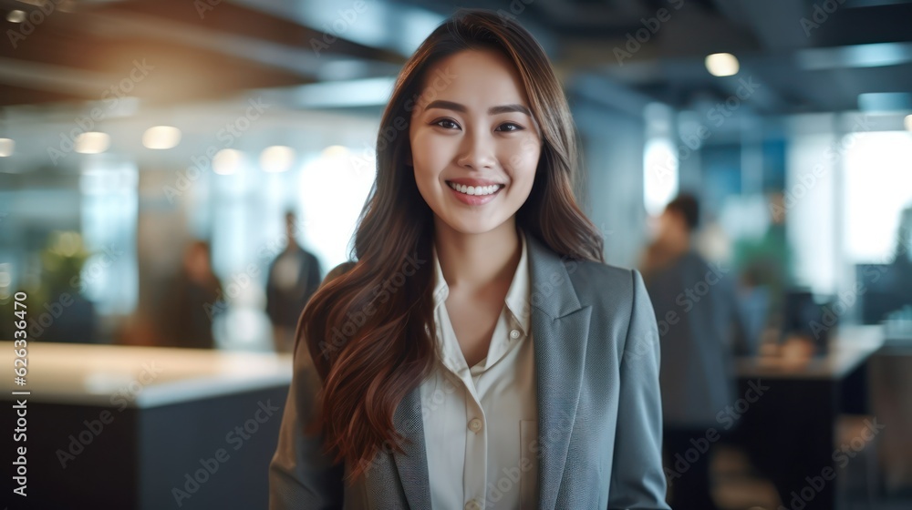 Portrait of happy asian woman smiling standing in modern office space. Portrait of happy asian woman smiling standing in modern office space.