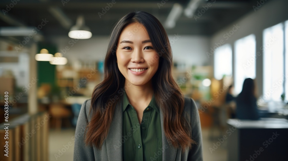 Portrait of happy asian woman smiling standing in modern office space. Portrait of happy asian woman smiling standing in modern office space.