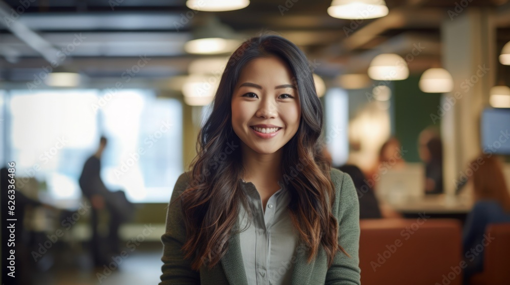 Portrait of happy asian woman smiling standing in modern office space. Generative AI Portrait of happy asian woman smiling standing in modern office space. Generative AI