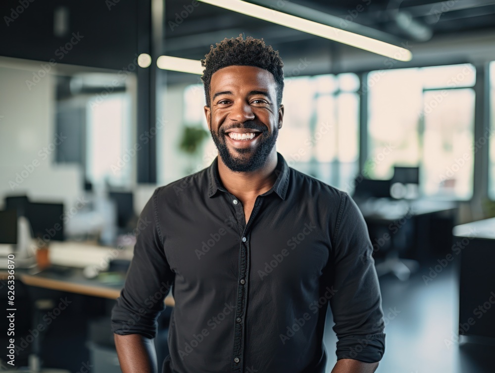 Smiling happy afro american man looking at camera. Generative AI Smiling happy afro american man looking at camera. Generative AI