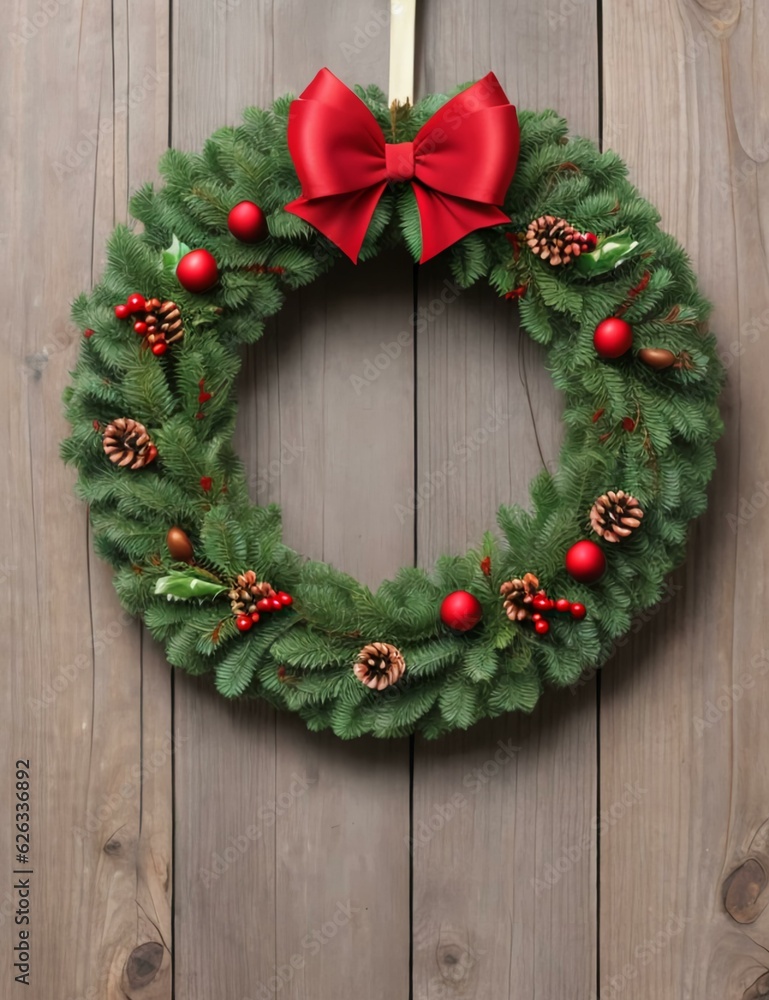 christmas wreath on wooden background