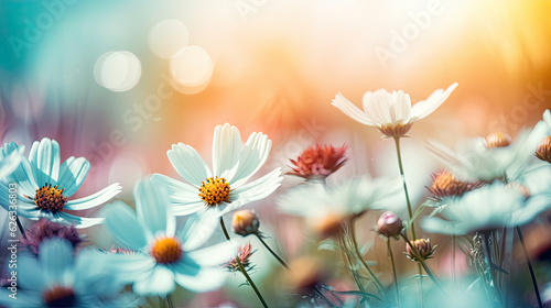 Daisy flowers in the meadow. Beautiful nature scene with daisies.