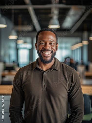 Smiling happy afro american man looking at camera. Generative AI