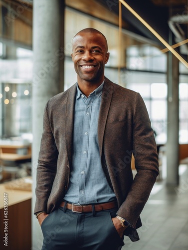 Smiling happy afro american man looking at camera. Generative AI