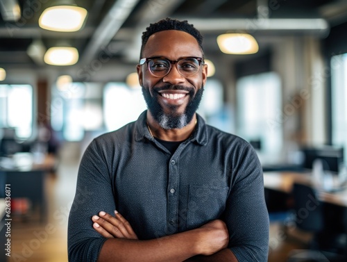 Smiling happy afro american man looking at camera. Generative AI