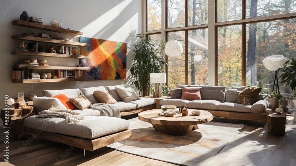 Fototapeta premium Contemporary bright living room with boho design, AI-generative