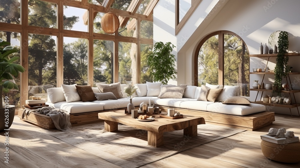 Contemporary bright living room with boho design, AI-generative Contemporary bright living room with boho design, AI-generative