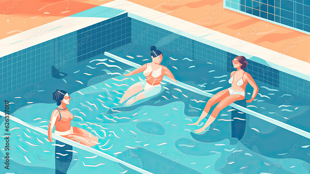 Top view of a swimming pool with people in swimsuits.