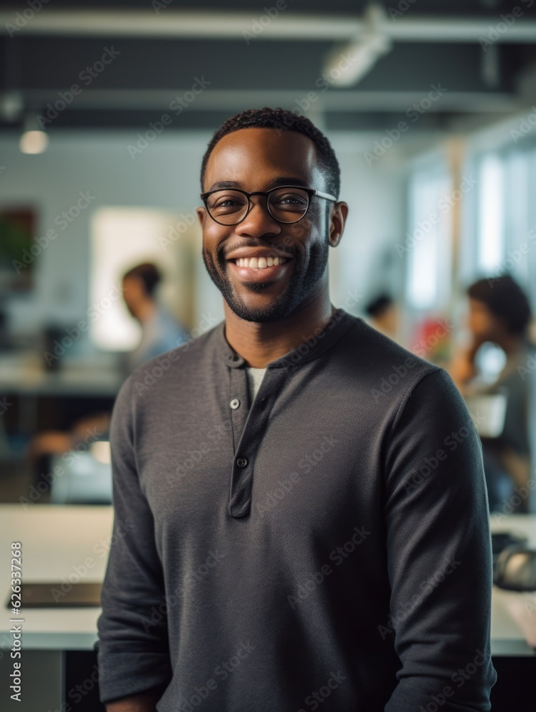 A confident and successful professional man wearing a charming smile while working in an office A confident and successful professional man wearing a charming smile while working in an office