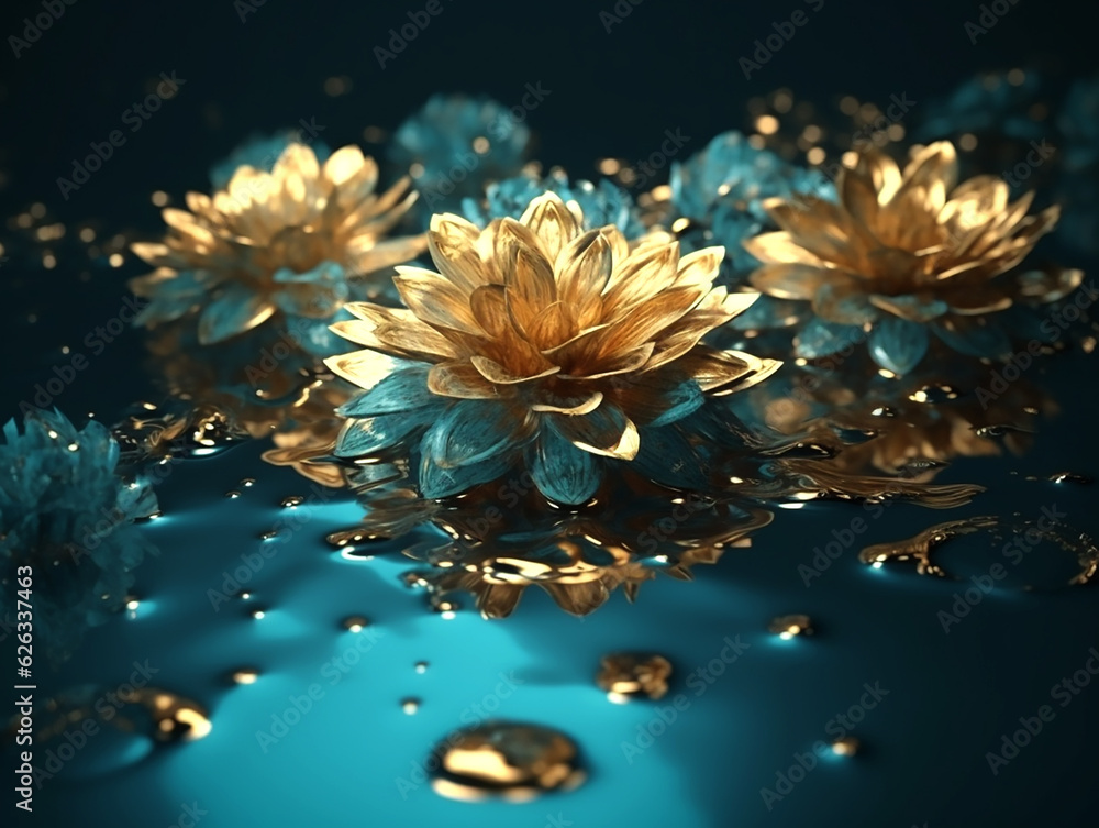 Composition of golden mint artificial lotuses on a blue background. Generative AI Composition of golden mint artificial lotuses on a blue background. Generative AI