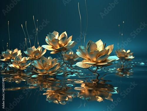 Composition of golden artificial lotuses on a blue background. Generative AI