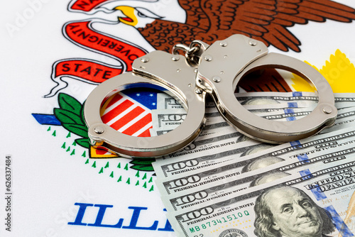 Canvas-taulu Handcuffs with cash money and Illinois state flag