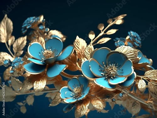 Composition of blue gold artificial flowers on a blue background. Generative AI