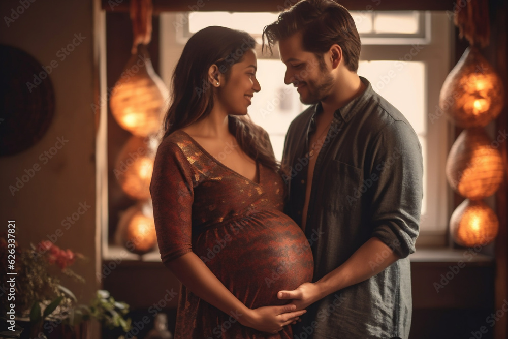 Adult couple expecting a baby while husband caresses the belly of his pregnant beautiful woman. Lovely handsome man touching belly of his girlfriend and feeling baby movement. AI Generative Adult couple expecting a baby while husband caresses the belly of his pregnant beautiful woman. Lovely handsome man touching belly of his girlfriend and feeling baby movement. AI Generative