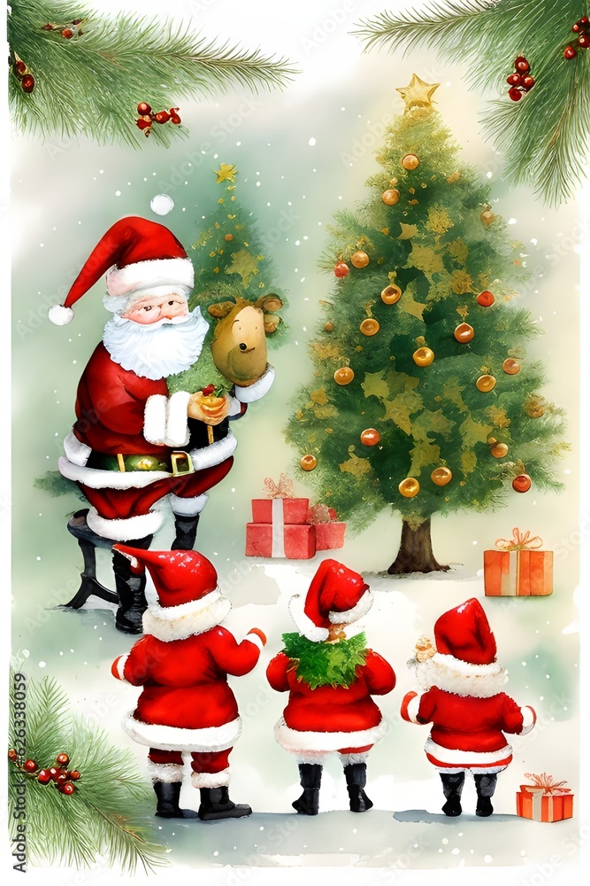 Christmas tree card in watercolor style. Generative AI illustration. Christmas tree card in watercolor style. Generative AI illustration.