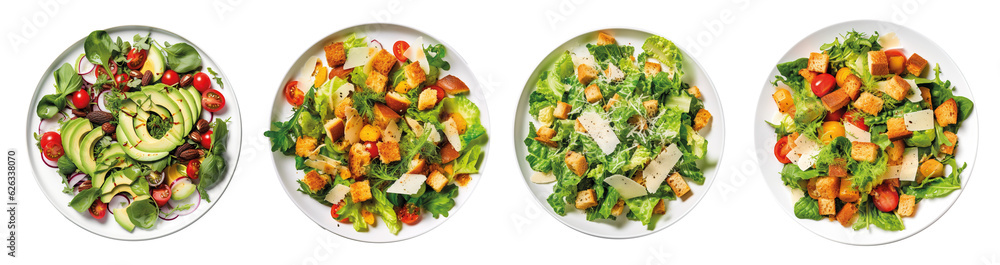 Rich plates of salad from green leaves mix and vegetables with avocado or eggs, chicken and shrimps isolated on transparent background