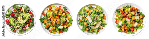 Rich plates of salad from green leaves mix and vegetables with avocado or eggs, chicken and shrimps isolated on transparent background