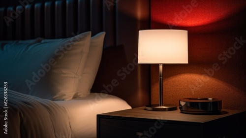 Close up shot of a night lamp next to a hotel bed, against black wall, clean minimalist, bright warm light.