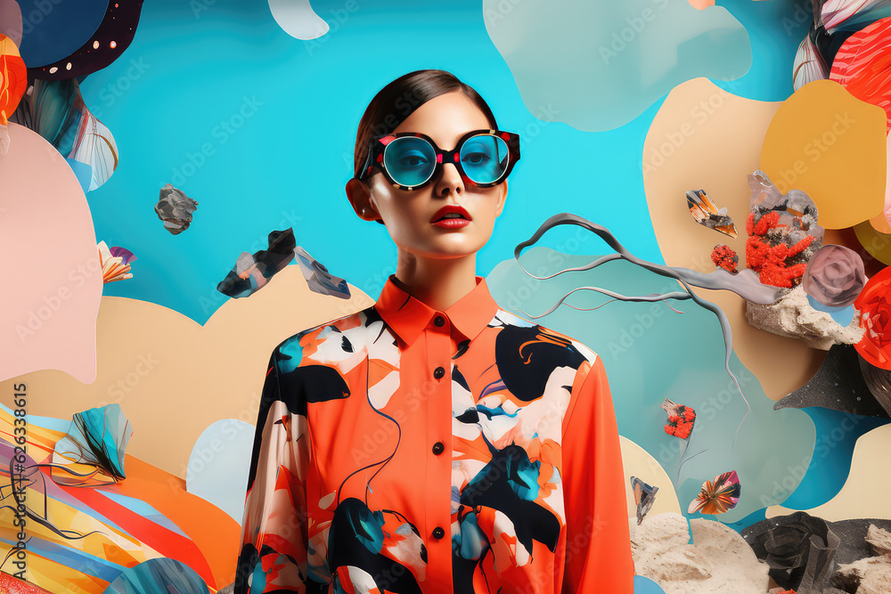 Stylish young woman wearing sunglasses retro style. Fashion poster. Sustainable fashion, collage art with glass morphism effect. Stylish young woman wearing sunglasses retro style. Fashion poster. Sustainable fashion, collage art with glass morphism effect.