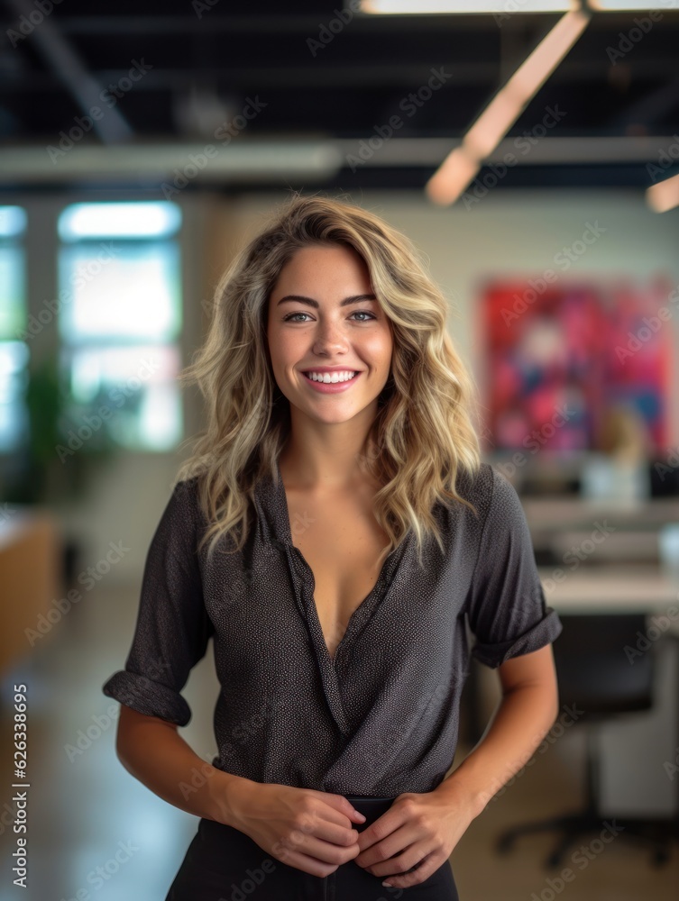 Portrait of happy woman smiling standing in modern office space Portrait of happy woman smiling standing in modern office space