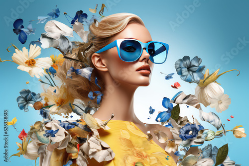 Stylish young woman wearing sunglasses retro style. Fashion poster. Sustainable fashion, collage art with glass morphism effect. 