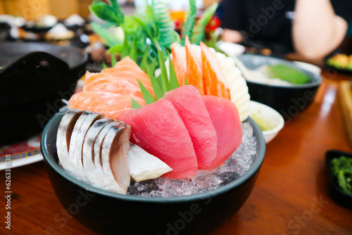 sashimi or raw salmon , Akami and raw tuna or raw mackerel and kanikama