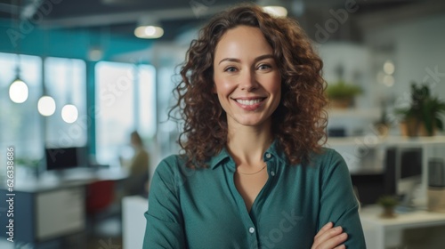 Portrait of happy woman smiling standing in modern office space © Viktor