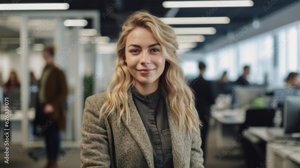 Portrait of happy woman smiling standing in modern office space. Portrait of happy woman smiling standing in modern office space.