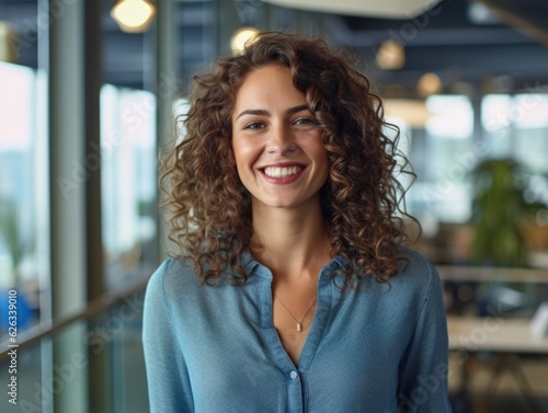 Portrait of happy woman smiling standing in modern office space