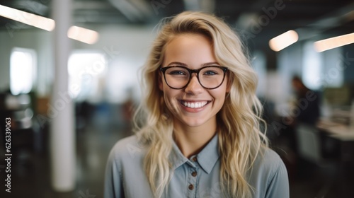 Portrait of happy woman smiling standing in modern office space. 